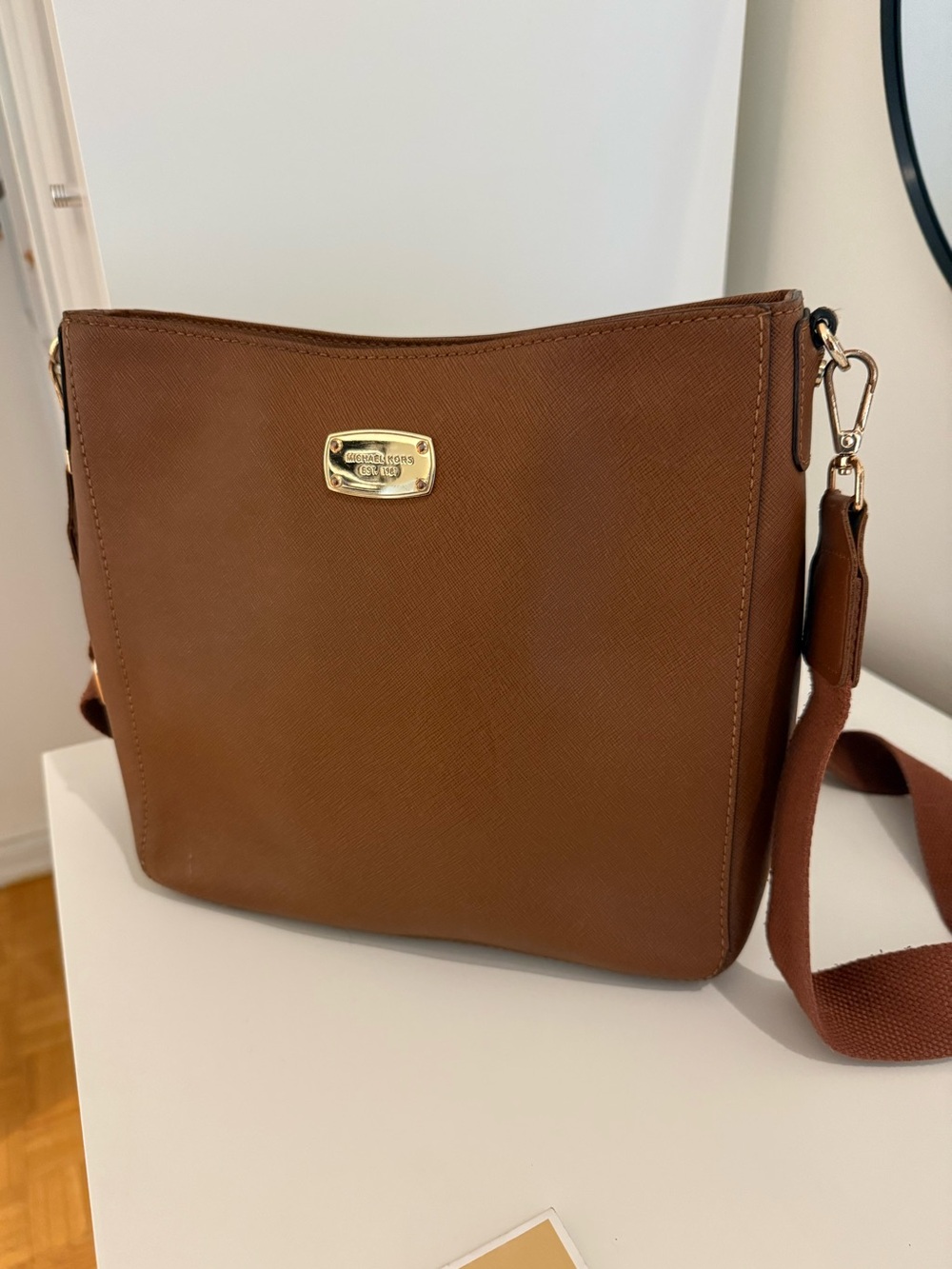 Michael Kors Brown  Crossbody with Gold Plaque- Non Original Strap- good conditi